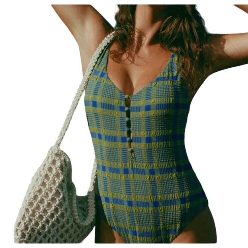 Andie Milos One Piece Plaid Green Yellow Blue Buttons Swimwear Size XS New